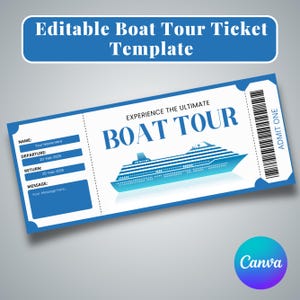 Modèle de billet pour une excursion en bateau, bon cadeau pour une excursion en bateau, bon surprise pour une excursion en bateau, carte d'embarquement imprimable pour une excursion en bateau sur la rivière, modèle Canva