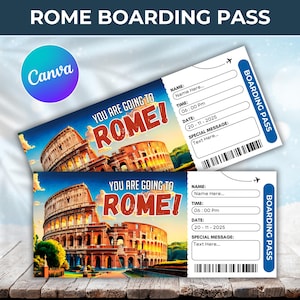Carta d'imbarco Roma, Modello di carta d'imbarco a sorpresa, Stai andando a Roma,, Stai andando a Roma, Carta d'imbarco stampabile, Modello Canva