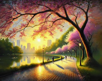 Spring Morning City Park Poster: Cherry Blossom Sunrise (Digital Download)