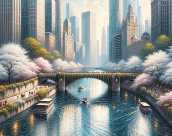Canvas wall art, River Crossing a Metropolis in Spring, Print File Posters