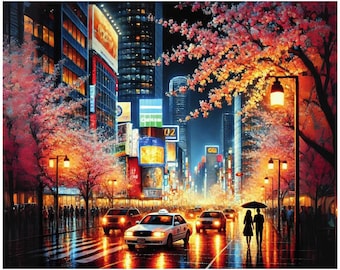 City Nightscape Print: Spring Blossom, Urban Wall Art (Digital Download)