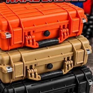 May include: Three stacked hard-shell protective cases in orange, tan, and black. Below the cases are three rectangular name badges with the text LEFT / RIGHT, 308 WIN, and RANGE GEAR. The image includes text about Apache 2800, 3800, and 4800 series cases.