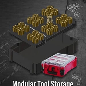 May include: Modular tool storage system with a black base and a red toolbox. The image shows a black modular tray with gold-colored tool holders. The text reads "Modular Tool Storage" and "Scalable system for evolving toolkits."