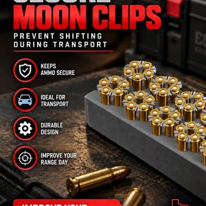May include: A gray foam organizer block holding multiple brass-colored moon clips loaded with ammunition. The text reads SECURE MOON CLIPS, PREVENT SHIFTING DURING TRANSPORT, ORGANIZE PROTECT PERFORM, and IMPROVE YOUR RANGE DAY NOW, with a MADE IN TEXAS graphic.