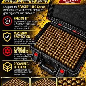May include: A black 3D printed ammunition insert designed for the Apache 1800 series case. The insert features a grid layout holding numerous brass-cased cartridges. Text on the image includes "MADE FOR APACHE AMMO INSERTS" and "HF# 64550 1800 Series".
