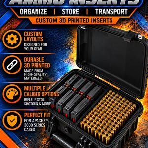 May include: A black hard-shell case for Apache 3800 series, containing custom 3D printed inserts holding black magazines and rows of brass-cased ammunition. The graphic includes text: MADE FOR APACHE 3800 SERIES AMMO INSERTS, ORGANIZE, STORE, TRANSPORT, CUSTOM 3D PRINTED INSERTS, and WM PRINTS LLC MADE IN TEXAS.