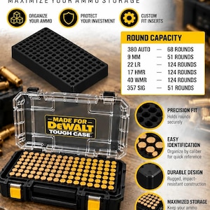 May include: A black plastic ammo insert tray for DeWalt Tough Case storage boxes. The tray features a grid of circular holes for organizing ammunition. Text on the image lists round capacities for various calibers including 380 Auto, 9mm, 22 LR, 17 HMR, 40 WMR, and 357 Sig, alongside branding and compatibility information.