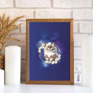 Art mural numérique, conception d'art mural imprimable avec chaton ragdoll et roses blanches, fond bleu, affiche imprimable, décoration murale chat à imprimer
