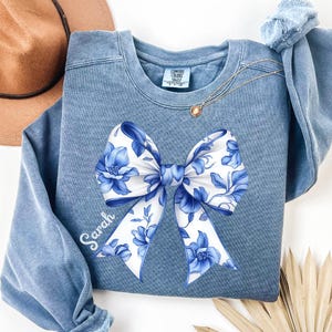 Custom Toile De Jouy Coquette Bow Sweatshirt, Blue Ribbon Sweater Girly Aesthetic