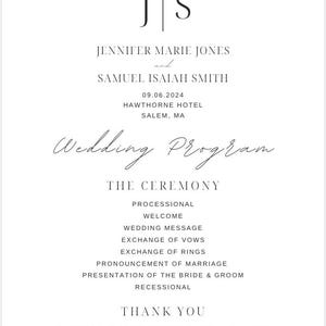 May include: A wedding program with a minimalist design. The top features the text "WELCOME TO THE WEDDING OF" and the initials "J | S". Below are the names Jennifer Marie Jones and Samuel Isaiah Smith, the date, and location.