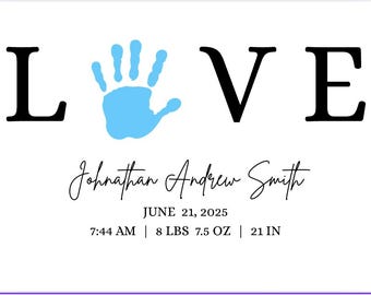 Baby Handprint LOVE Printable, Personalized Newborn Keepsake, Birth Stats Nursery Decor, Baby Shower Gift, Instant Download