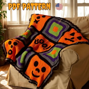 Halloween Crochet Blanket Pattern PDF, BOO Ghost & Pumpkin Granny Squares, Spooky Fall Afghan, Cute Halloween Throw, Autumn Home Decor DIY