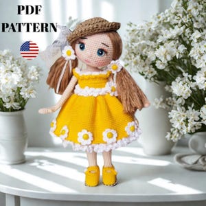 Daisy Doll Crochet Pattern, Floral Doll With Clothes, Amigurumi Doll English Pattern, Crochet Doll Pattern, Amigurumi Doll Pattern, Tutorial