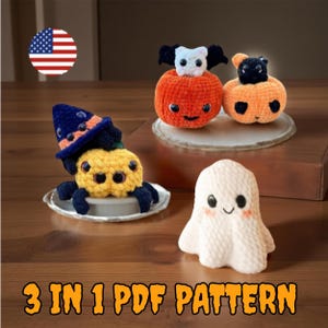 3 in 1 Pdf Halloween Crochet Kit PDF Pattern,  Cute Amigurumi Ghost, Pumpkin Bat Kit, No sew Spider Plushie Crochet, Cute Halloween Crochet