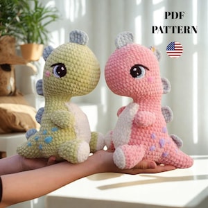 Wzór na szydełkowanie dinozaura, słodki pluszowy dinozaur, zabawka dinozaur Amigurumi, pluszowe zwierzę dinozaura do pobrania w formacie PDF, wzór na szydełkowanie dinozaura, plik PDF