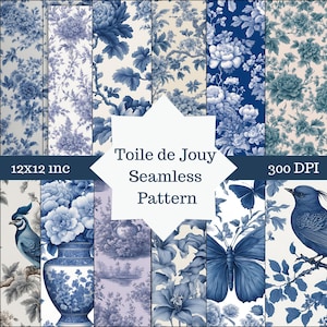 Toile de Jouy Seamless Pattern Vintage Floral Digital Paper Blue Floral Junk Journal Paper Chinoiserie Pattern French Toile Floral Pattern