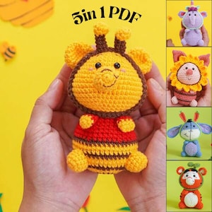 5in1 PDF PATTERN Winnie the Pooh and Friends, crochet pattern, easy amigurumi baby toy, Eeyore, Roo, Piglet, Tigger, Low-Sew 5in1