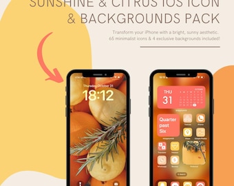 Pack d'icônes esthétiques pour iPhone iOS à télécharger pour personnaliser l'écran d'accueil | Soleil et agrumes, minimaliste, orange, rose, jaune | 65 icônes