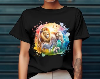 Safari Animal Tee – Watercolor Giraffe, Lion, Zebra, and Elephant Art