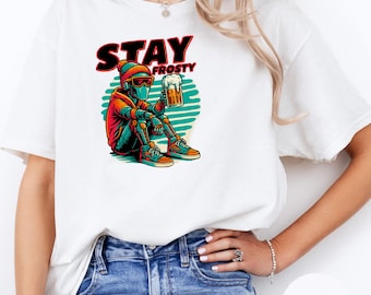 Stay Frosty Robot Shirt – Funny Cyberpunk Beer Graphic Tee