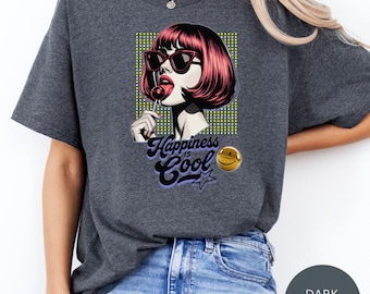 Camiseta unisex "La felicidad es genial": camiseta retro de chica pop art, estilo vintage de dibujos animados con vibras positivas.