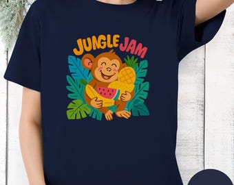 Unisex Cotton Graphic Tee – Jungle Jam Monkey Retro Fruit Design