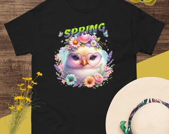 Watercolor Spring Chick Tee – Bird with Heart Glasses, Sunny Vibes Artwork