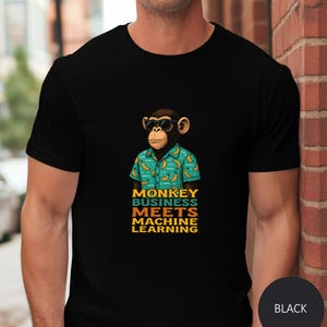 May include: Black t-shirt with a cartoon monkey wearing sunglasses and a turquoise shirt with a banana pattern. The text "MONKEY BUSINESS MEETS MACHINE LEARNING" is printed below the monkey.