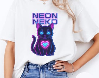 Neon Cyberpunk Cat Shirt – Vaporwave Anime Graphic Tee