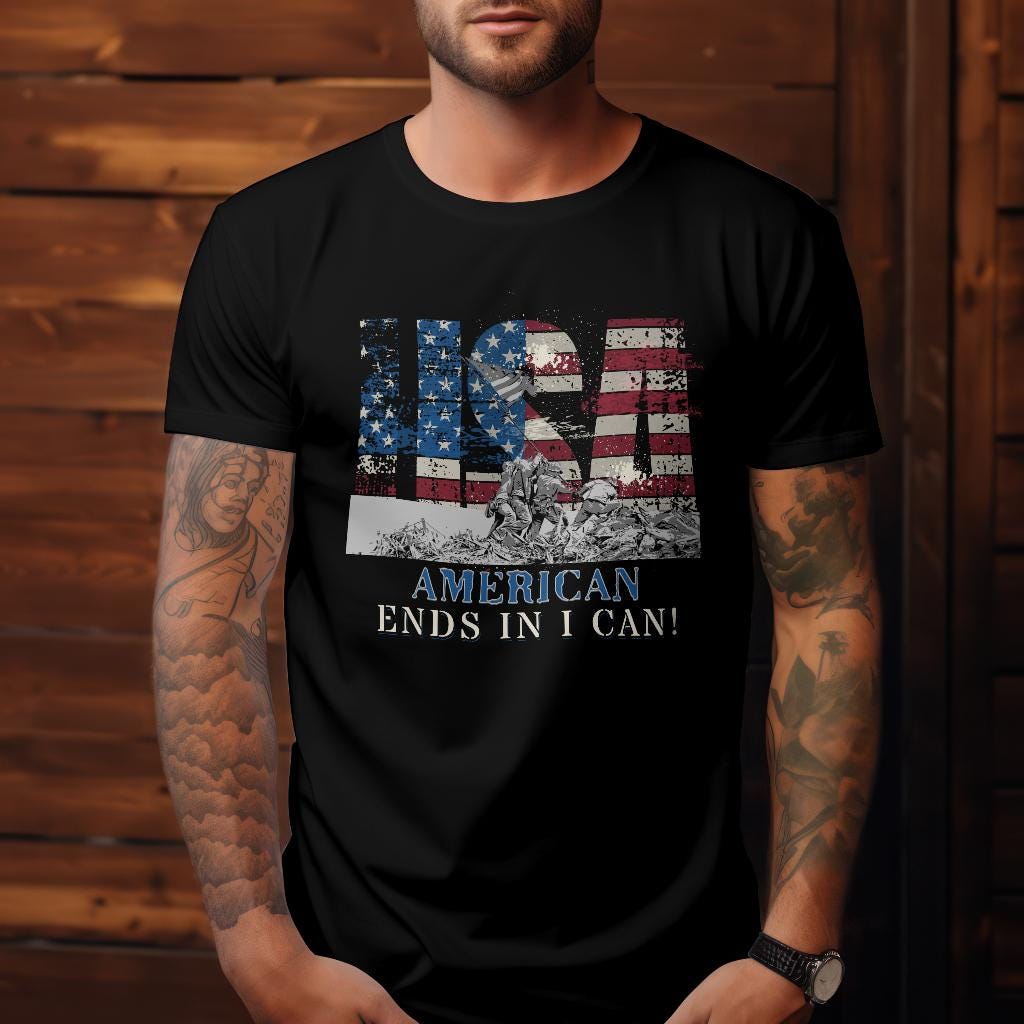 Patriotic Graphic Tee – Iwo Jima Flag Raising Design in Red, White \u0026 Blue, image size:1024x1024