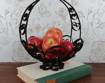 Vintage Wrought Iron Basket with Handle | Black Metal Scrollwork Centerpiece | Mid Century Spanish Revival Filigree Bowl | Decorative Basket