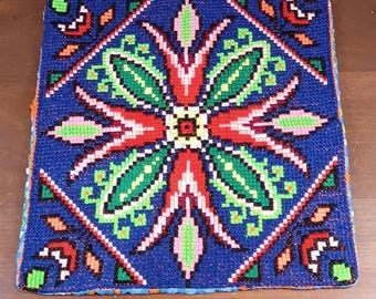 Vintage Needlepoint Pillow Cover | Embroidered Folk Art Tapestry | Handmade Boho Farmhouse Decor
