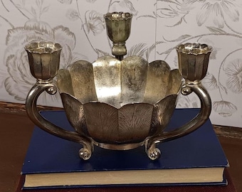 Vintage Italian Silver Plate Lotus Flower Bowl Candelabra | 3 Arm Candle & Flower Holder | Made in Italy