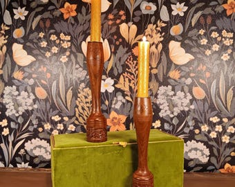 Vintage Pair of Hand Carved Wooden Candlesticks