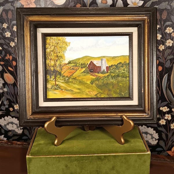 1980s Original Oil Painting Red Barn Landscape | Framed Americana Countryside Scene | 12 3/4" x 11" Vintage Farmhouse Art