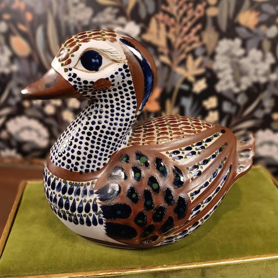 Vintage Hand Painted Santana Tonala Mexican Pottery Duck
