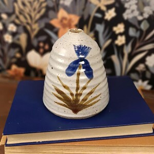 Vintage Studio Art Pottery Bud Vase: Hand-Painted Blue Iris, Speckled Glaze