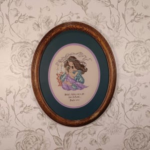 Vintage 16" x 13" Framed Finished Cross Stitch Mother and Child | Psalm 127:3 Scripture Wall Art | Completed Needlework Nursery Decor 1980s