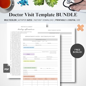 May include: A printable doctor visit template bundle in a multicolor design. The template includes sections for appointment details, questions and concerns, vitals, condition/diagnosis, lab and imaging ordered, medication changes, and discussion notes. The template is available in four paper sizes and is suitable for both digital and printable use.