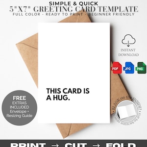 May include: A white 5"x7" greeting card template with the text "THIS CARD IS A HUG" in black. The card is on a brown envelope. Additional text includes "SIMPLE & QUICK" and "INSTANT DOWNLOAD".