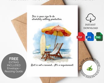 Self Care Card Digital Download Rest Requirement Beach Vacation Burnout Support Mental Health Relaxation Wellness Encouragement Printable
