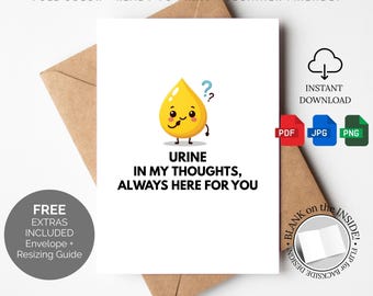 Thinking Of You Urine Card Printable Pee Pun Bathroom Humor Inappropriate Funny Gift Toilet Joke Digital Download Greeting Card Bladder Leak