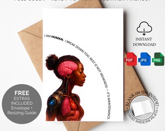 Mental Health Awareness Card Printable Human Rest Maintenance Self Care Support Burnout Prevention Recovery Digital Download Greeting Card