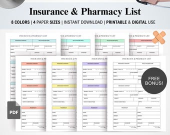 Insurance Pharmacy List Medical Information Organizer Prescription Tracker Pharmacy Template Medicare Provider Medical Coverage Printable