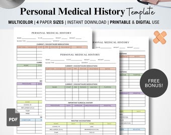 Printable Medical History Form, Personal Medical Tracker, Health Planner Insert, Binder Template, Family History Chart, Personal Health Log