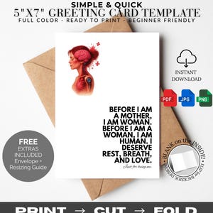 Puede incluir: Una plantilla de tarjeta de felicitación blanca de 12,7 cm x 17,8 cm con una ilustración en acuarela del perfil de una mujer y sus órganos internos. La tarjeta incluye el texto "Antes de ser madre, soy mujer..." y está lista para imprimir.