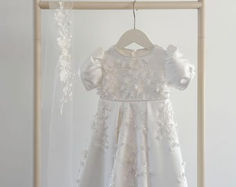 Vestido de batizado de renda mikado com mangas curtas, vestido de batizado, vestido para menina, roupa de batizado, vestido de daminha de honra.