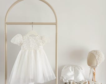 Vestido de batizado de tule pérola com mangas curtas, vestido de batizado, vestido para menina, vestido para daminha de honra, vestido de primeira comunhão.