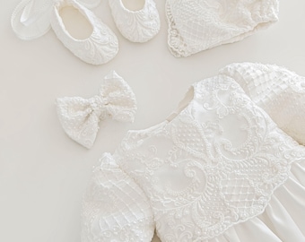Long Sleeves Lace Mikado Christening Dress Taufkleid Christening Gown Baptism Dress Baby Girl Dress Christening Outfit Heirloom Gown
