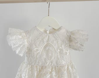 Short Sleeves Lace Christening Dress Baptism Dress Taufkleid Christening Gown Baby Girl Dress Newborn Dress Heirloom Gown Blessing Dress